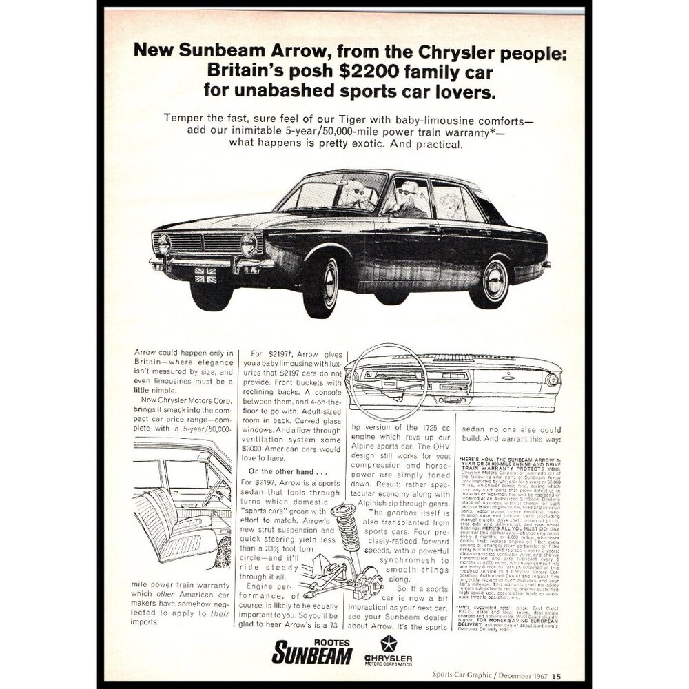 1968 Rootes Sunbeam Arrow Sedan Vintage Print Ad Chrysler Family Car Wall Art